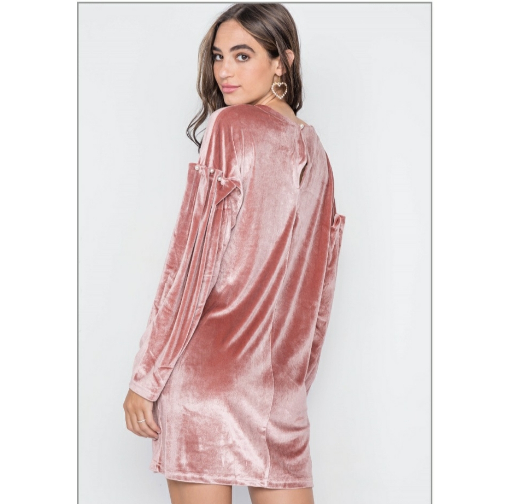 Mauve Velvet Pearl Detail Sleeve Dress - Picture 3 of 10
